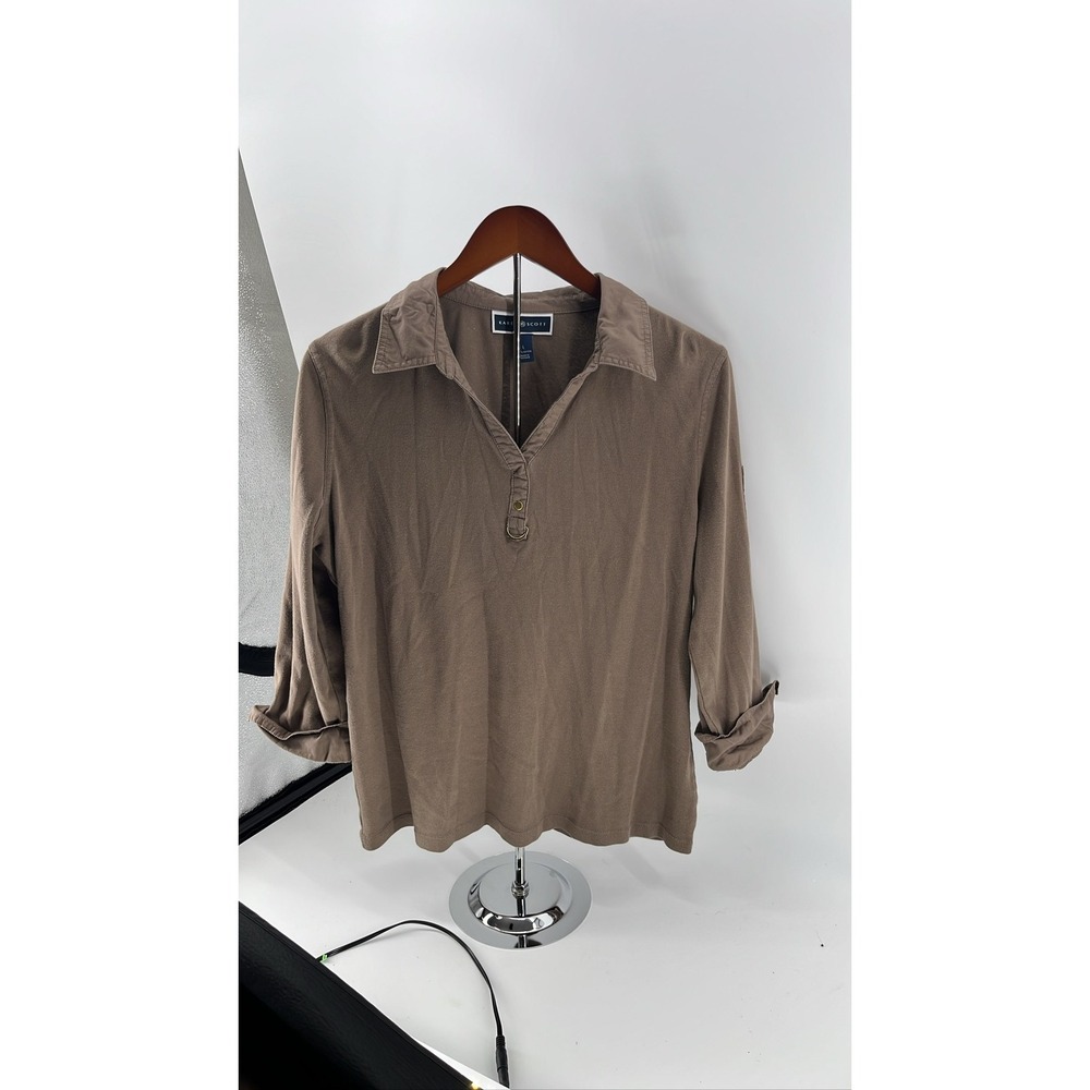 Karen Scott Women L Brown Henley Shirt Roll Tab Sleeve V-Neck